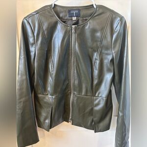 Tahari Olive Faux Leather Jacket Zip Front Size Medium